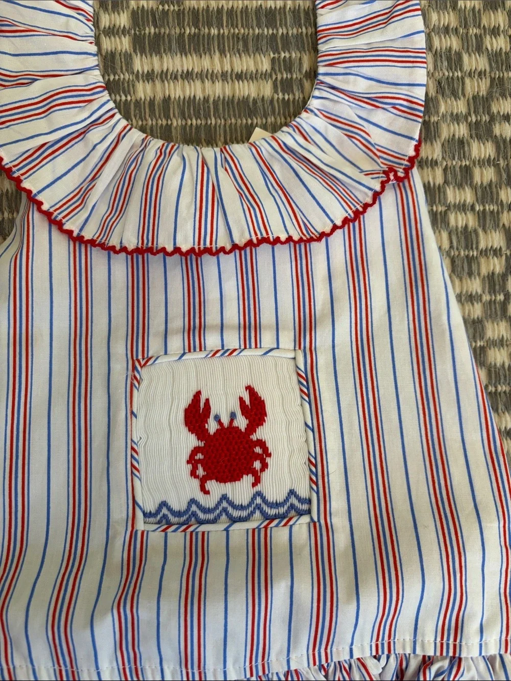 Striped Crab Ruffle Bib Sunsuit in Red & Blue